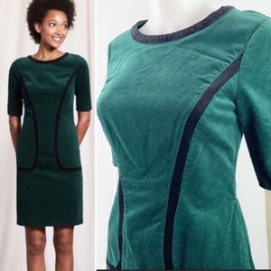 Boden Velvet Corduroy Panel Structure Sheath 1/2 Sleeve Emerald Grn Dress